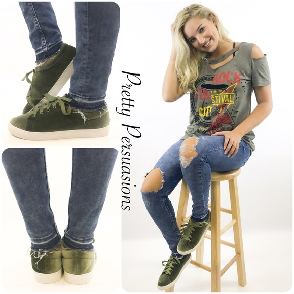 NWT Olive Green Velvet Lace Up Sneakers - Picture 4 of 4